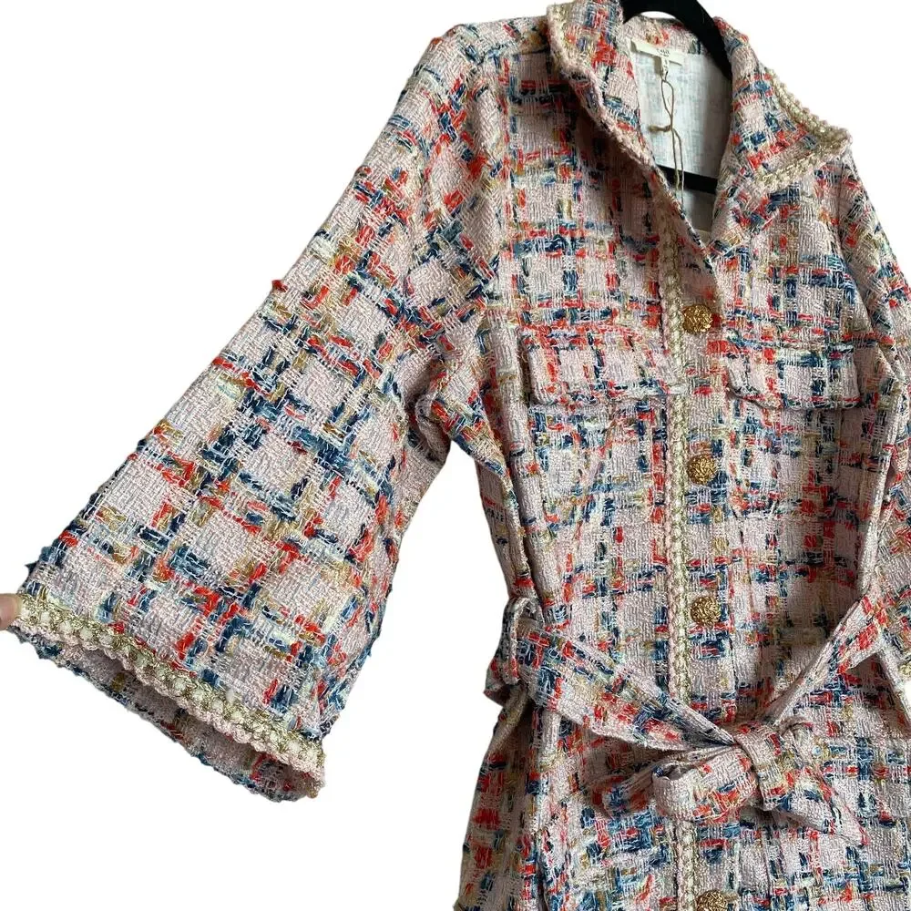 Easel Tweed Belted Shirt Dress/Coat, Teal Blush - Picture 9 of 11